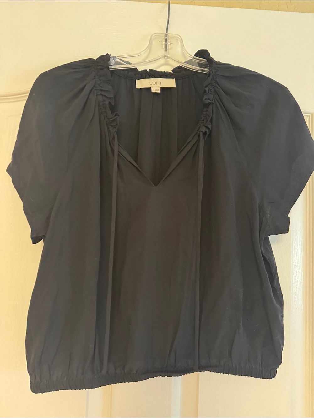 LOFT Black Short-Sleeve Tie-Neck Peasant Blouse